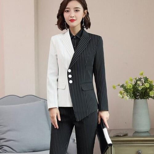 IZICFLY New Style Black White Striped Patchwork Formal woman suits With Trouser and blazer set Office Uniform Business pant suit