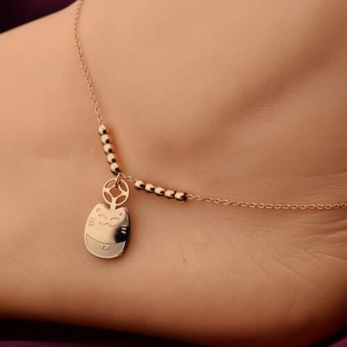 YUN RUO Classic Fortune Cat Anklet Fine Woman Jewelry Titanium Steel Rose Gold Color Valentine Gift Free Shipping Not Fade