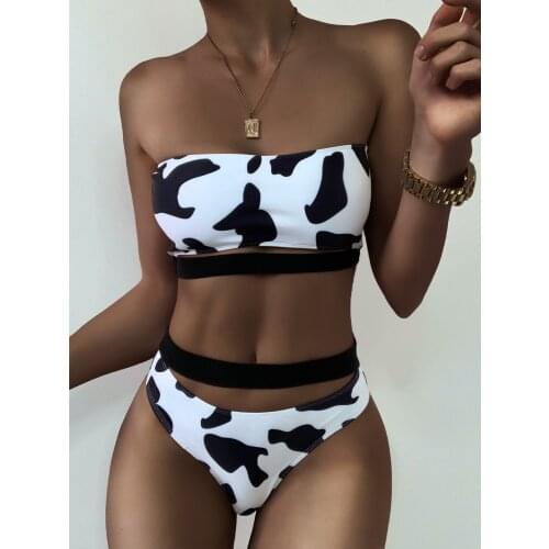 Bikini New Sexy Backless Hollow Cow Printed Split Swimsuit Chest Wrapped Swimming Suit for Women Thong Bikini Bathing Suit