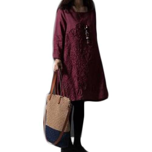Hot Selling Ladies Autumn Winter Embroidery Linen Cotton Long Sleeve Grande Taille Casual Loose Princess Dresses For Women EE874