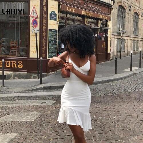 Spaghetti Straps Ruffles Mini Dress Elegant Sleeveless Bodycon Slim Womens Dresses Summer Sundress Holiday Club Party Outfits
