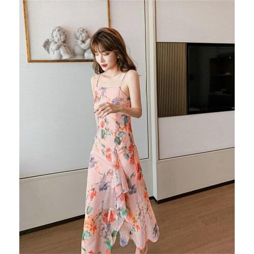 Fashion Suspender Dress 2021 New Holiday Printed Ruffled Sling Chiffon Dress Female Floral Sleeveless Irregular Long Beach Dress