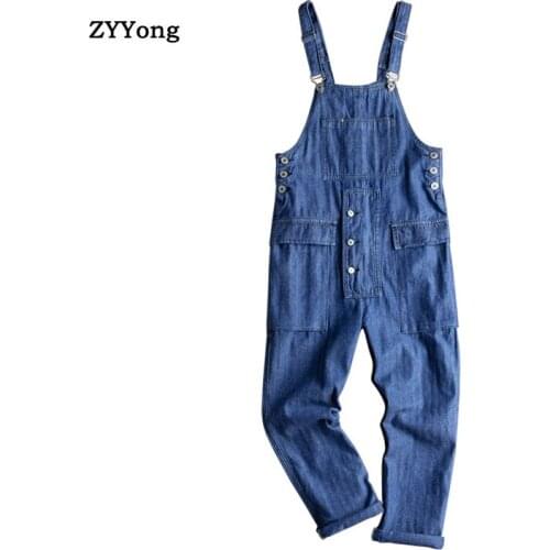 New Loose Blue Freight Overalls Men Denim Jumpsuit Bib Jeans Hip Hop Streetwear Rompers Casual Big Pocket Cargo Pants Trousers