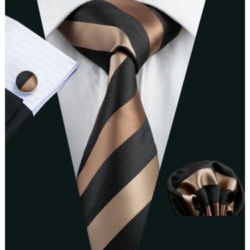LS-585 Barry.Wang Men`s Tie Silk Striped Jacquard Woven Classic Tie+Hanky+Cufflinks Set For Formal Wedding Business Party