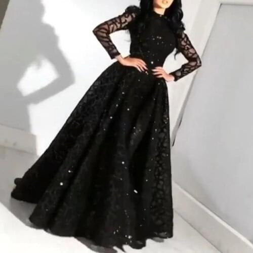 New Fashion Autumn Black Formal Evening Dresses 2021 Fashion Lady Elegant Long Sleeved Sequins Cocktail Party Vestido Ball Gown