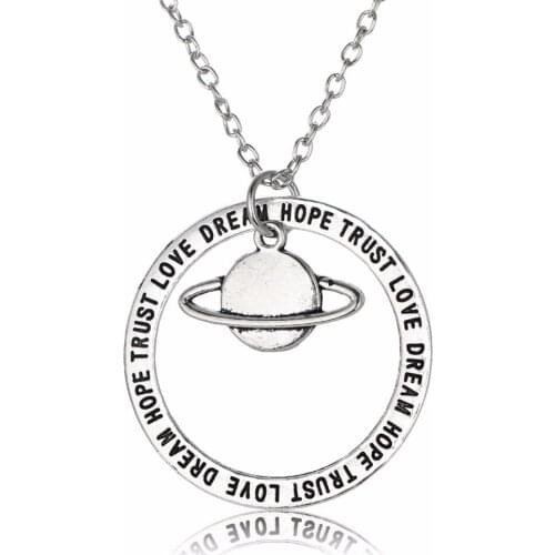 Charm Saturn Pendant Necklace Love Hope Dream Trust Tibetan Silver Planet Sci Fi Space Galaxy Necklaces Women Men Gifts Jewelry