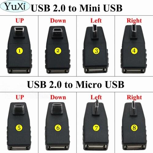 YuXi USB Female to Mini USB Male 90 Degree UP Down Left right Angle OTG Adapter USB 2.0 to Micro USB Adapter for Car AUX Tablet