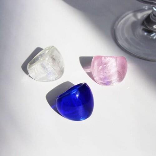 SRCOI Spring Summer New Trendy Clear Pink Blue Glass Ring Simple Temperament Exaggerated Ring Women Party Jewelry 202104