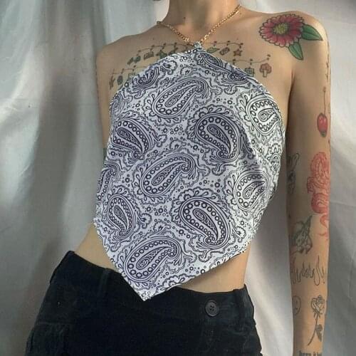 SEASONS Backless Sexy Halter Camis Top Women Summer Printed White Tanks Crop Tops Tees Lady Streetwear Tie Up Fashion ASVE82845