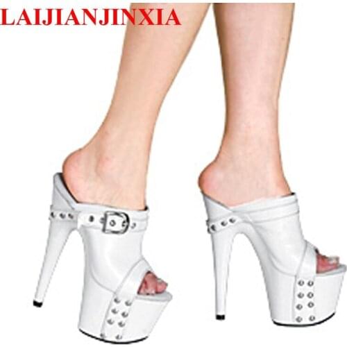 LAIJIANJINXIA Womens Platform Shoes 17cm Ultra High Heels Slippers Shoes 7 Inch Hand Made High Heel Shoes White Slides
