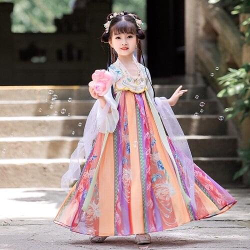 XinHuaEase Childrens Hanfu Chinese Traditional Style Kids Contrast Color Tang Dynasty Little Girls Ancient Dresses Dance Fairy