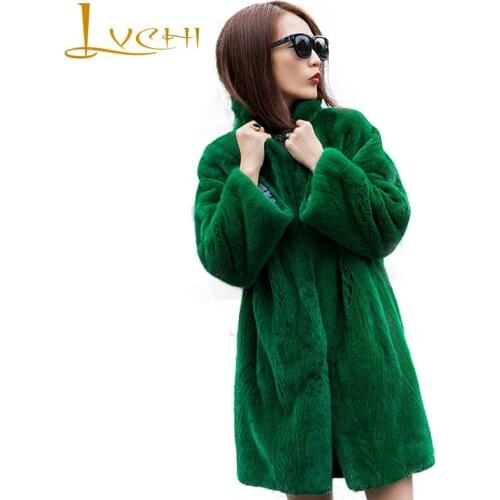 LVCHI Winter 2019 Deep Green Mink Real Mink Fur Coats Turn-Down Collar Womens Long Sleeve Loss Medium Loss Causal Mink Coats