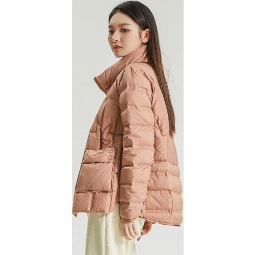 Womens Stand Collar Duck Down Jackets Winter Plaid Bread Coat Ladies Casual White Button Outerwear Femal Consice Warm Clothing