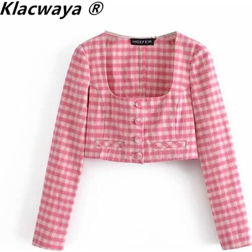 Klacwaya Woman Summer Za 2021 Pink Plaid Crop Top Women Vintage Single-Breasted Square Neck Long Sleeve Sweet Short Tops