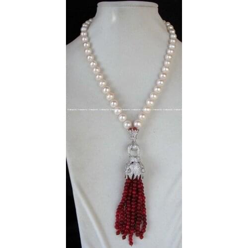 Women Gift word Love FREE shipping> >>>>New Design 9-10mm White Round Freshwater Pearl Clasp 4mm Red Pearl Necklace 18" 6.07 wom