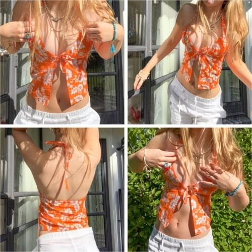 Women Halter Crop Tank Tops,Female Sleeveless V Neck Floral Print Tie Up Open Front Camisole Tops Summer