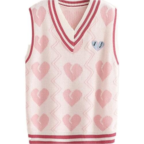 Heart Jacquard Knit Pullover Women Sweater Vest 2021 Winter Sleeveless V-neck Korean Fashion Sweet Style Ladies Soft Warm Tops