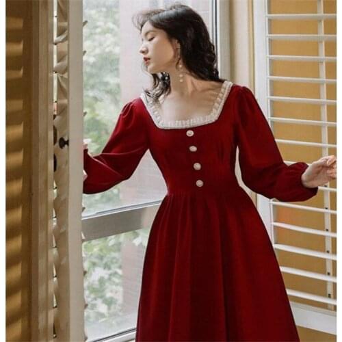 Retro Pearl Ruffled Little Red Dress Autumn New French Square Collar Dress Long Sleeve Temperament Hepburn Style Dress Suit