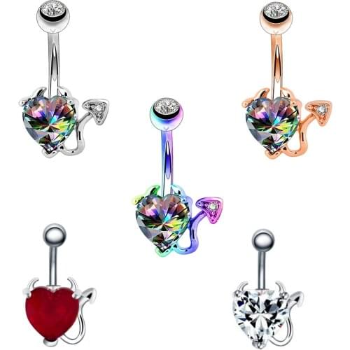 1Pc 14G Surgical Steel Navel Barbells Iridescent CZ Body Piercing 4 Color Devil Heart Belly Button Rings Piercing Jewellery