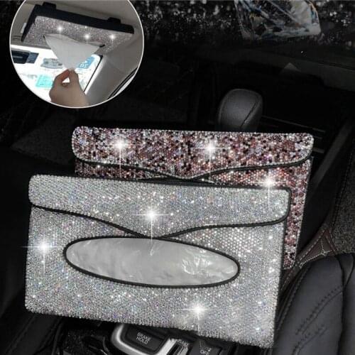 Car Diamond Visor Tissue Holder Hanging Leather Crystals Paper Cover Case for Auto Interior Decoration Accessories