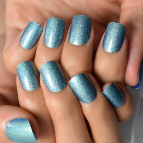 Shiny Holo Glitter French Fake Nail Squoval Square Glossy Blue False Press on Nails UV Full Cover Girl Finger Wear Nail Art Tips