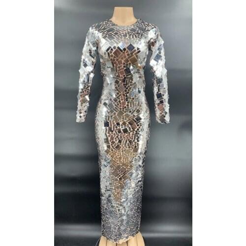 Shining Silver Mirror Mesh Long Dress Birthday Celebrate Transparent Prom Sequins Dress Women Dancer Show Party Rave Dress