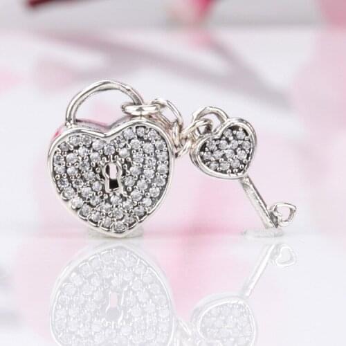 925 Sterling Silver Heart-shaped Lock Key Love Heart Beads Fit Original Bracelet Necklace