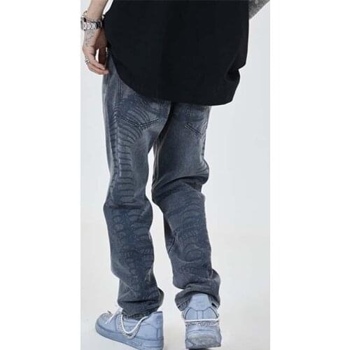 Bone Printed Jeans Men New Hip Hop Vintage Washed Baggy Denim Pants Mens Harajuku Streetwear Mid-rise Straight Wide-leg Trousers