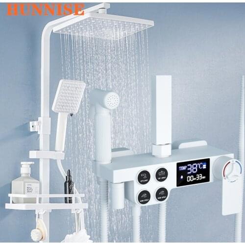 Hunnise White Digital Shower Set Quality Brass Waterfall Bathroom Mixer Tap Rainfall Shower Head White Thermostatic Shower Set