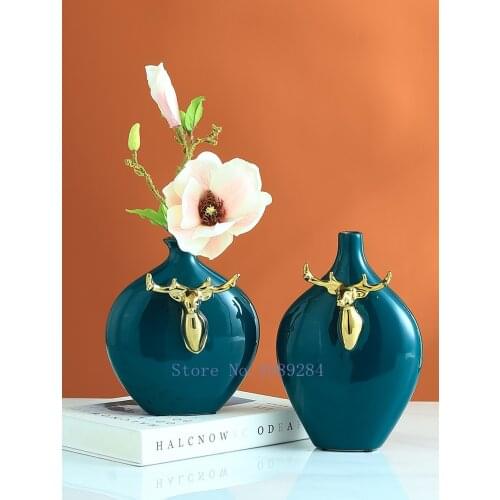 Creativity Ceramics Vase Golden Deer Head Simulation Animal Ceramic Handicraft Ornaments Flower Arrangement Home Decoration