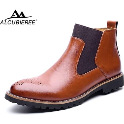 ALCUBIEREE Men Classic Chelsea Ankle Boots Comfort Brogue Booties Winter Leather Boots with Fur Formal Dresses Shoes Big Size 46
