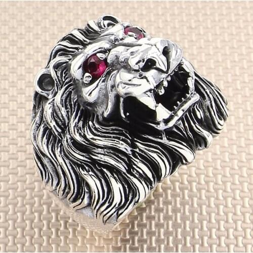 Animal Lion Silver Ring With Red Zircon Stone Men Silver Ring Made In Turkey Solid 925 Sterling Silver