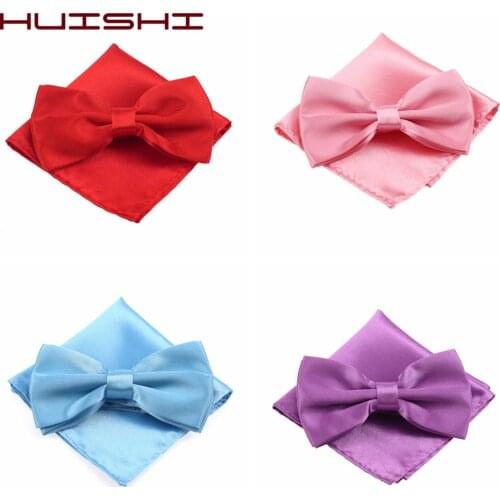 HUISHI Classic Mint Green Blue Black White Gentleman Red Bow Tie Pocket Square Fashion Solid Color Bowtie For Wedding Party Men