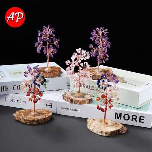 1PC Natural Crystal Tree Seven Chakras Solicit Wealth Energy Stone Ornament Fossil Wood Base Home Decoration