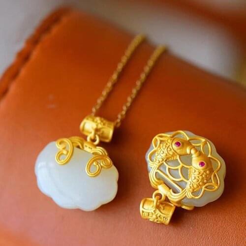 Classic Ethnic Style Pisces Safety Lock Pendant Ancient S925 Sterling Silver Gold Plated Hetian Jade Necklace for Women Exquisit