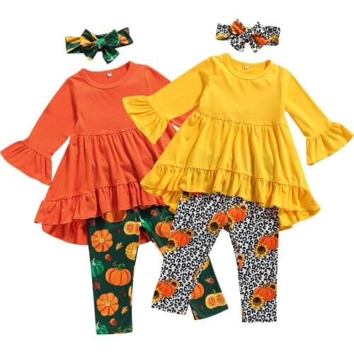 Citgeett Autumn Halloween Kids Baby Girls Tracksuit Solid Color Long Flared Sleeve Blouse + Pumpkin Print Pants + Hairband Set