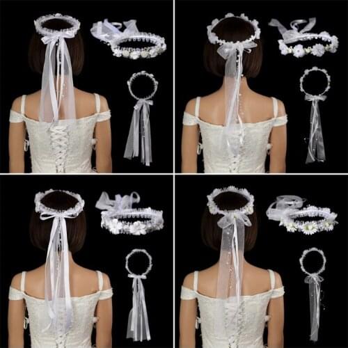 Handmade Floral Beaded Headband Solid Color Flower Crown with Lace Ribbon Bridal Hair Wreath Lovely Hair Accessories