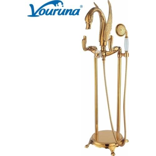 VOURUNA Luxury Golden Swan Shape Freestanding Bathtub Faucet Floor Mounted Bath Filler Mixer Taps