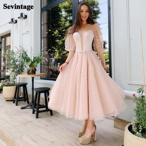 Sevintage Blush Prom Dresses 2020 Long Sleeves O-Neck Dots Tulle Evening Dresses Tea-Length Short A-Line Buttons Formal Gowns