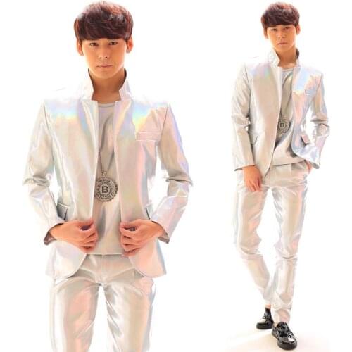 Stage Costume Men Suit Coat+Vest+Pant Laser Reflective Dance Costume Leather Wear DS Bar DJ GoGo Dance Costume Nightclub BL2109