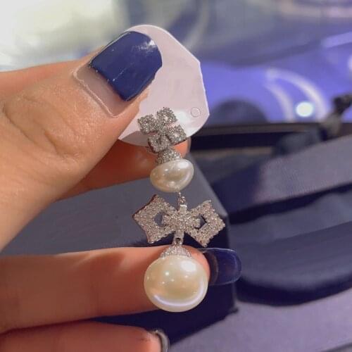 Brand 1:11pc Silver Color White Pearl Earrings Paved Cubic Zirconia Sliding Bow Earring Women Jewelry September New Arrival