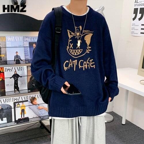 HMZ Men Sweaters Autumn Cartoon Embroidery Cat Pattern Loose Casual Couple Sweater Pullover O Neck Thick Cotton Knitted Pullover