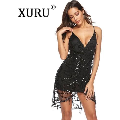 XURU European and American Summer Hot Sale Womens Sequins Deep V-neck Strap Irregular Hem Sexy Dress