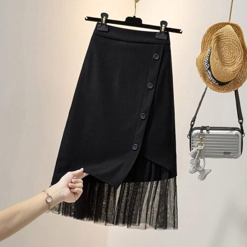 Plus Size Womens Irregular Stitching Mesh Skirt 2021 Spring And Autumn New Elastic Waist Female Black Bag Hip Skirt Trend aq216