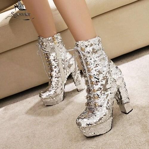 Sgesvier Large Size 43 Glitter Women Boots Sexy High Heels Fashion Platoform Shoes Women Boots Winter Autumn Shoes High Quality