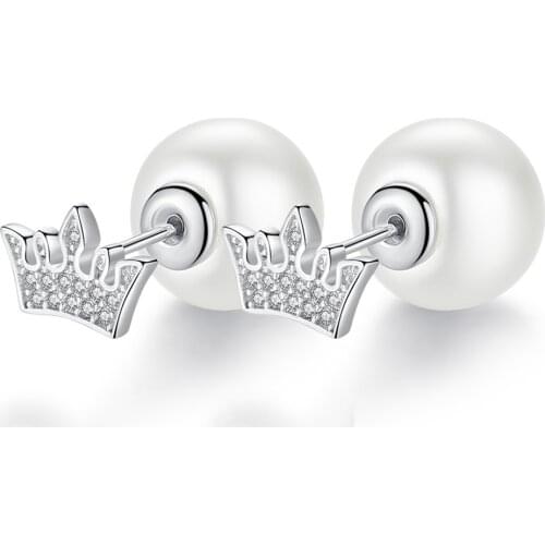 S925 Silver Earring Crystal Crown Sparkling Pearl Stud Earring For Women Wedding Gift Lady Girl Fashion Zircon Jewelry