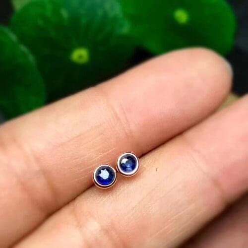 Fashion natural sapphire stud earrings Natural gemstone earrings Elegant small tiny round S925 silver girl women Office jewelry