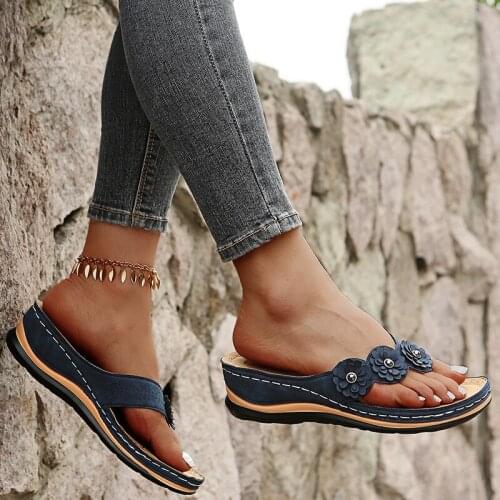 Woman Appliques Slippers 2021 Summer Women Vintage Flip Flop Ladies Wedges Comfortable Shoes Female Sewing Slides Plus Size