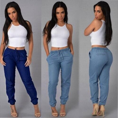 Womens Blue Denim Pants Elastic Waist Fashion Jeans Pants Lady High Waist Jeans Pantalones Casual Jean Штаны Оверсайз #T1Q