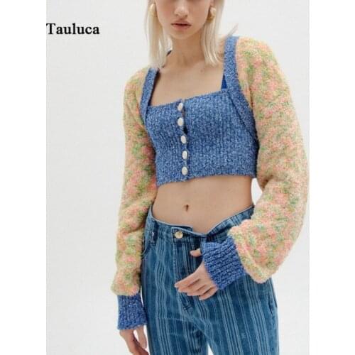 Korean Style Women Knitted Cardigan Contrast Color Buttonless Long Sleeve Short Coat Kawaii Sweater For Women Love And Lemons